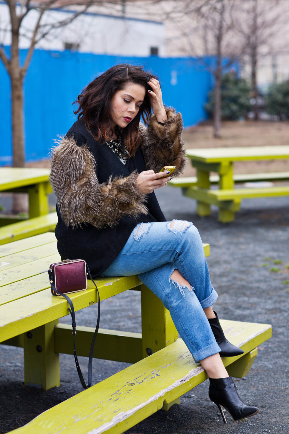 dana maxx, fur jacket, winter wardrobe, baggy jeans, zara, pointed ankle boots, foley and corinna, clutch, wine colored lipstick, new york, fashion blogger, profresh style