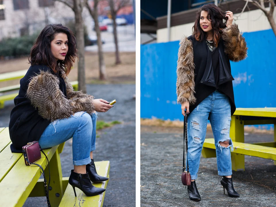 dana maxx, fur jacket, winter wardrobe, baggy jeans, zara, pointed ankle boots, foley and corinna, clutch, wine colored lipstick, new york, fashion blogger, profresh style