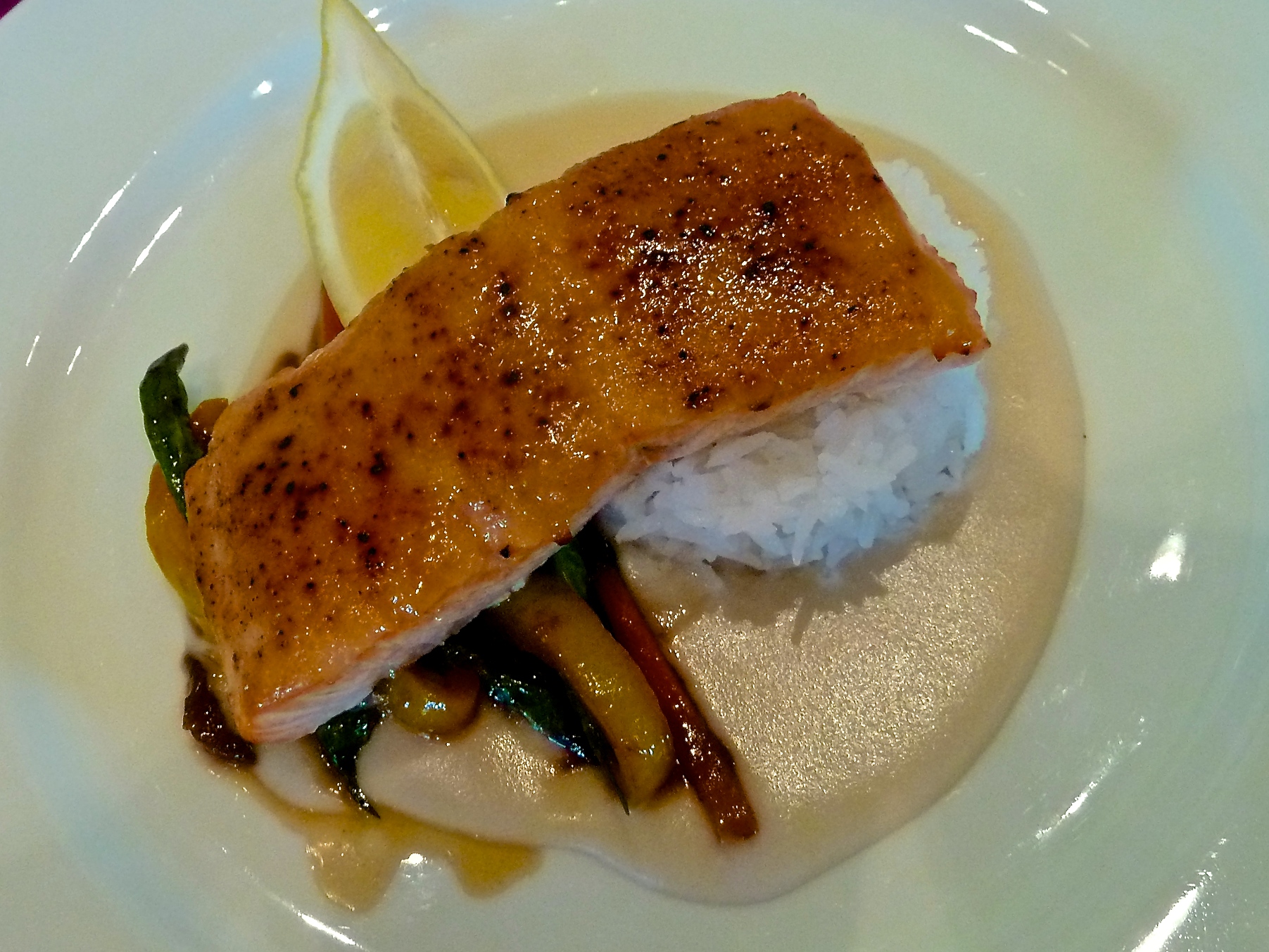 Fourth Course-Miso Glazed Salmon, Enoki Puree & Spring Mushrooms, Jasmine Rice, Szechuan Glazed Vegetables