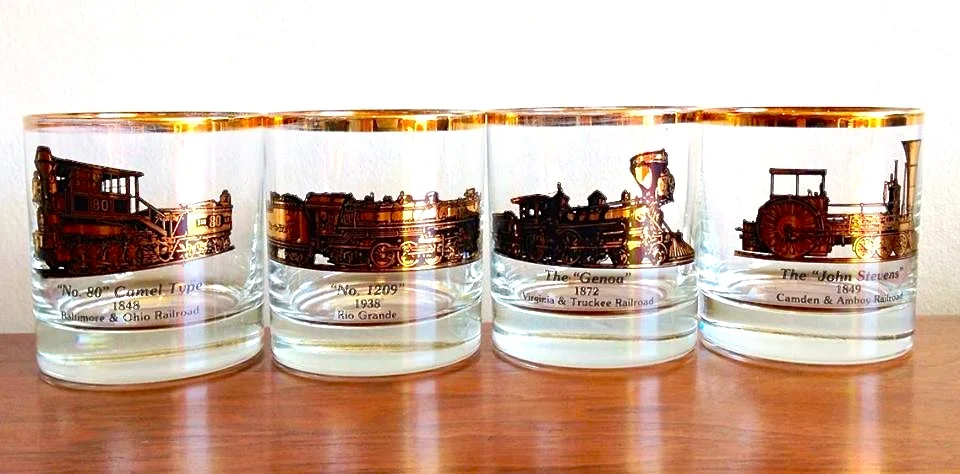 Set of 4 low ball glasses featuring vintage locomotives | $32