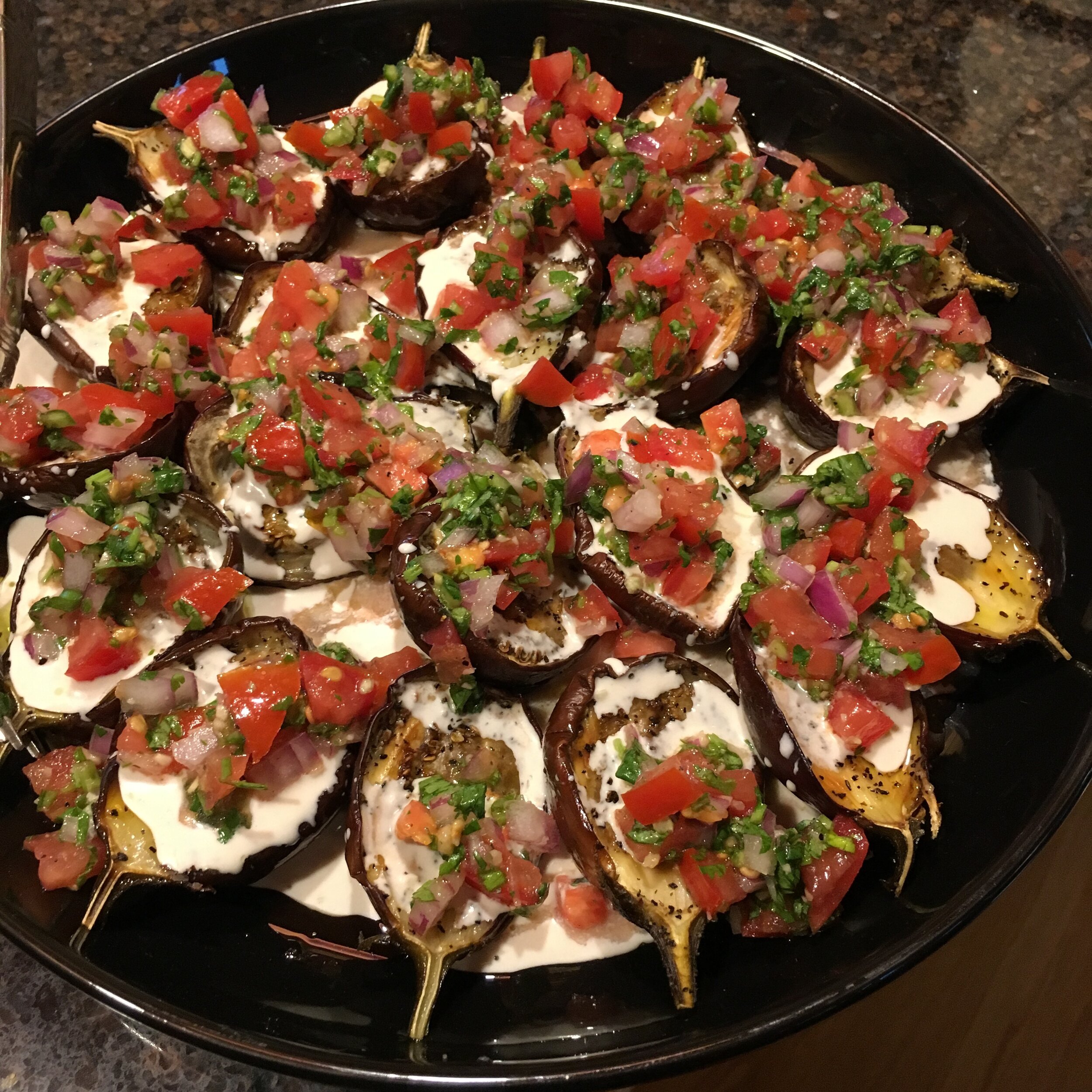 Roasted Eggplant with Tahini Sauce and Spicy Salsa