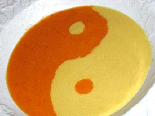 Red &amp; Yellow Pepper Soup with Basil Cream