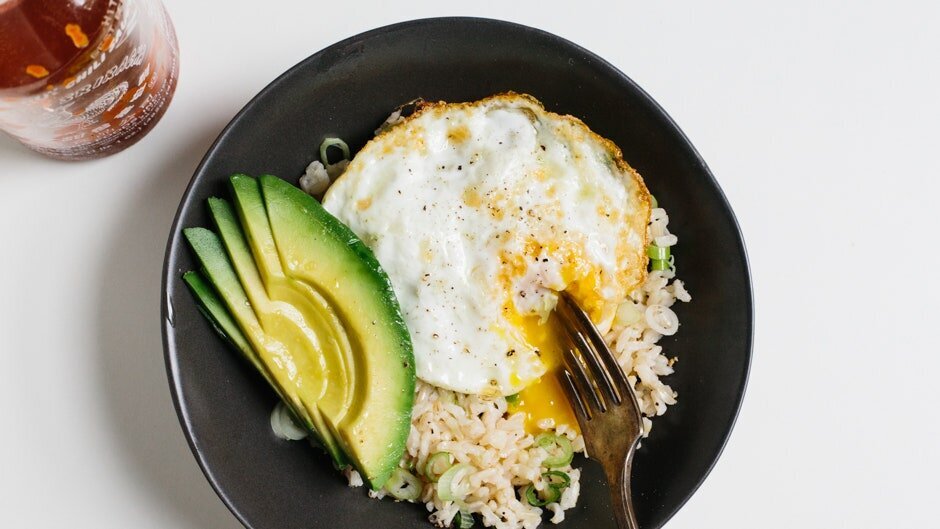 Breakfast Rice Bowl with Fried Egg + Greens + Avocado