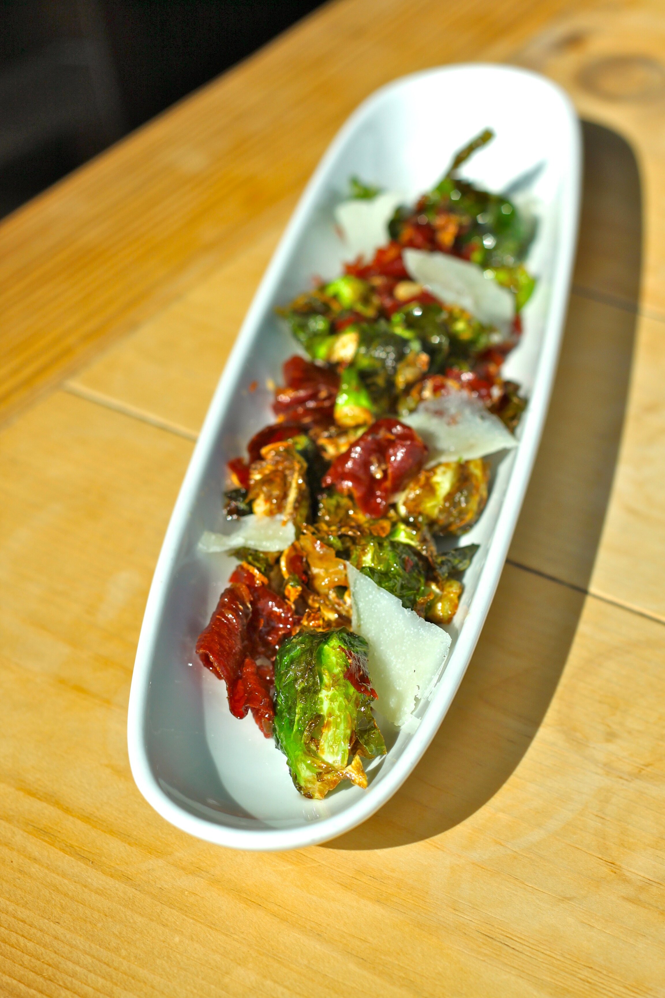 Roasted Brussels Sprouts with Crispy Serrano Ham, Melting Manchego Cheese &amp; Sweet Sherry
