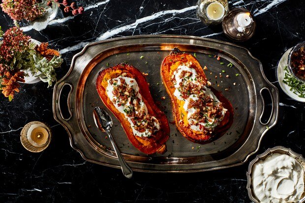 Twice-Baked Butternut Squash with Parmesan Cream and Candied Bacon