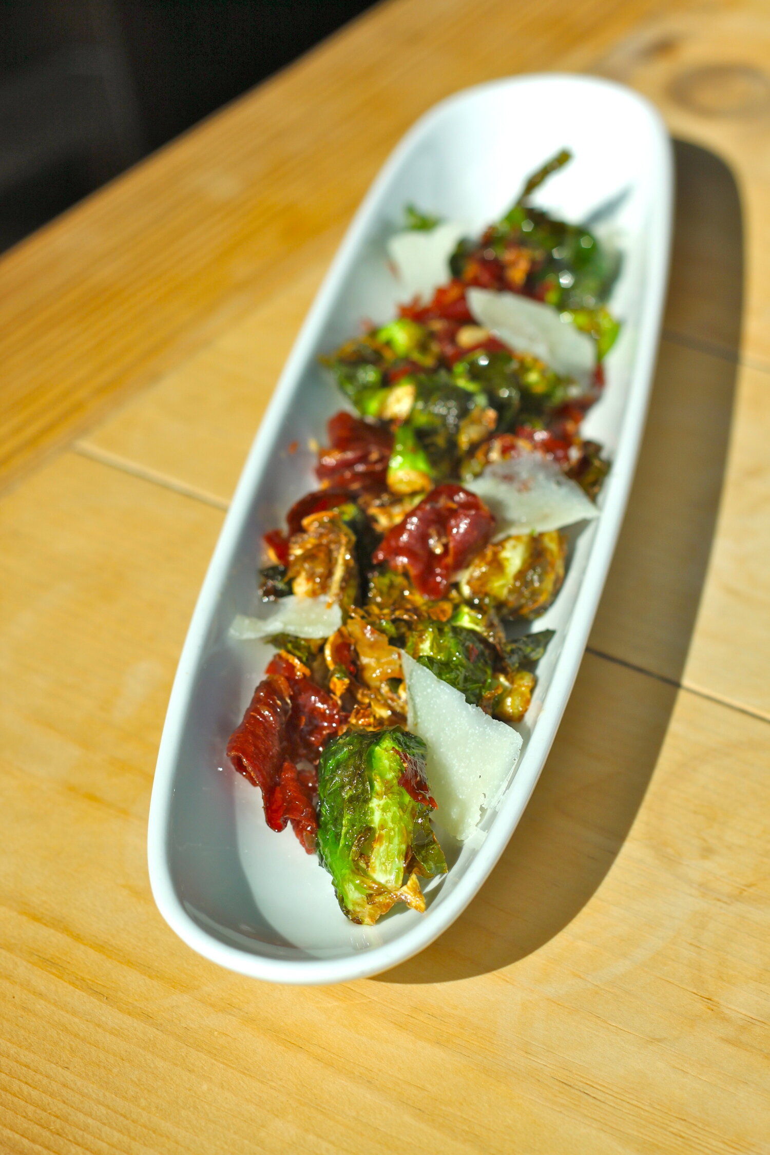 Roasted Brussels Sprouts with Crispy Serrano Ham, Melting Manchego Cheese &amp; Sweet Sherry