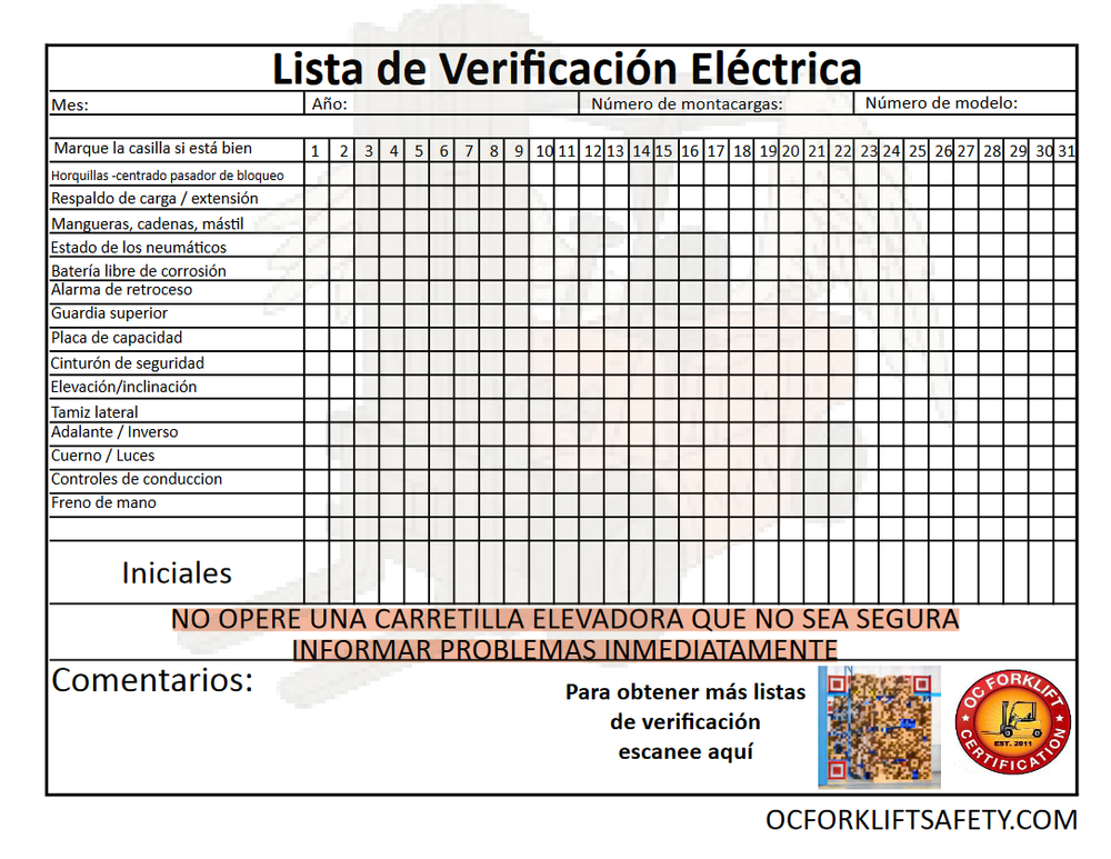 Free OSHA Required Electric Forklift Safety Inspection Checklist — OC ...