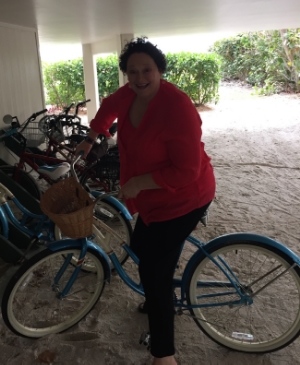 Speaking of ride: here's Marilyn trying out the beach cruiser.