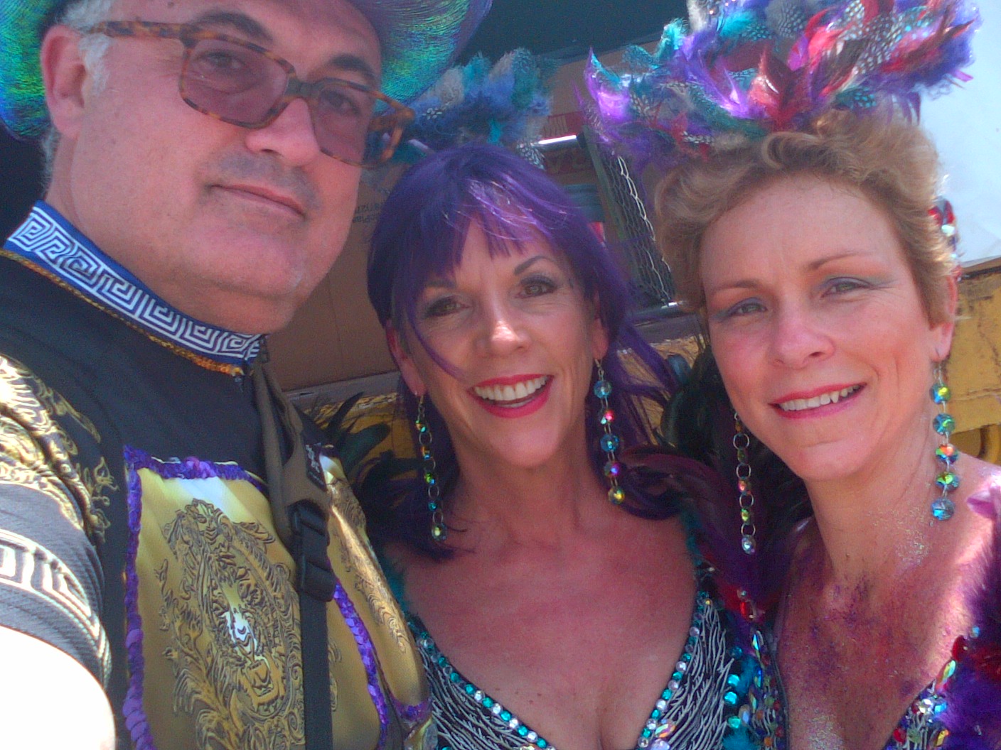 Carnival Monday costumes: halos, purple wig and comfy shoes.