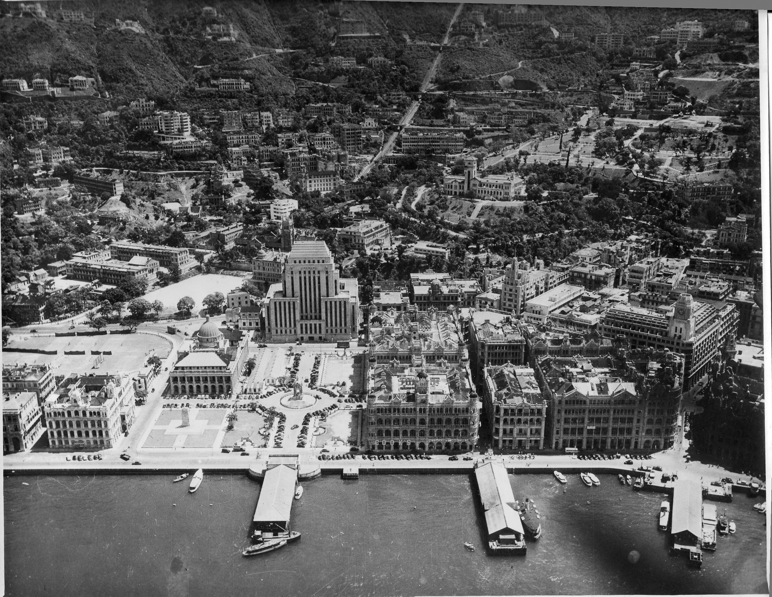 The Hong Kong and Shanghai Bank dominates central Hong Kong, postwar photo