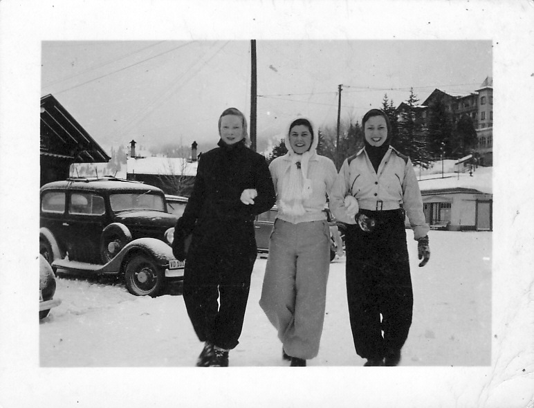 Audrey (left) with Dorothy Hutchison (centre) on a hard-earned skiing holiday in Villars, Switzerland, 1938