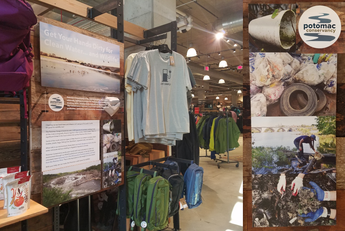 Patagonia's new display featuring Potomac Conservancy's conservation efforts located at the REI DC flagship store.