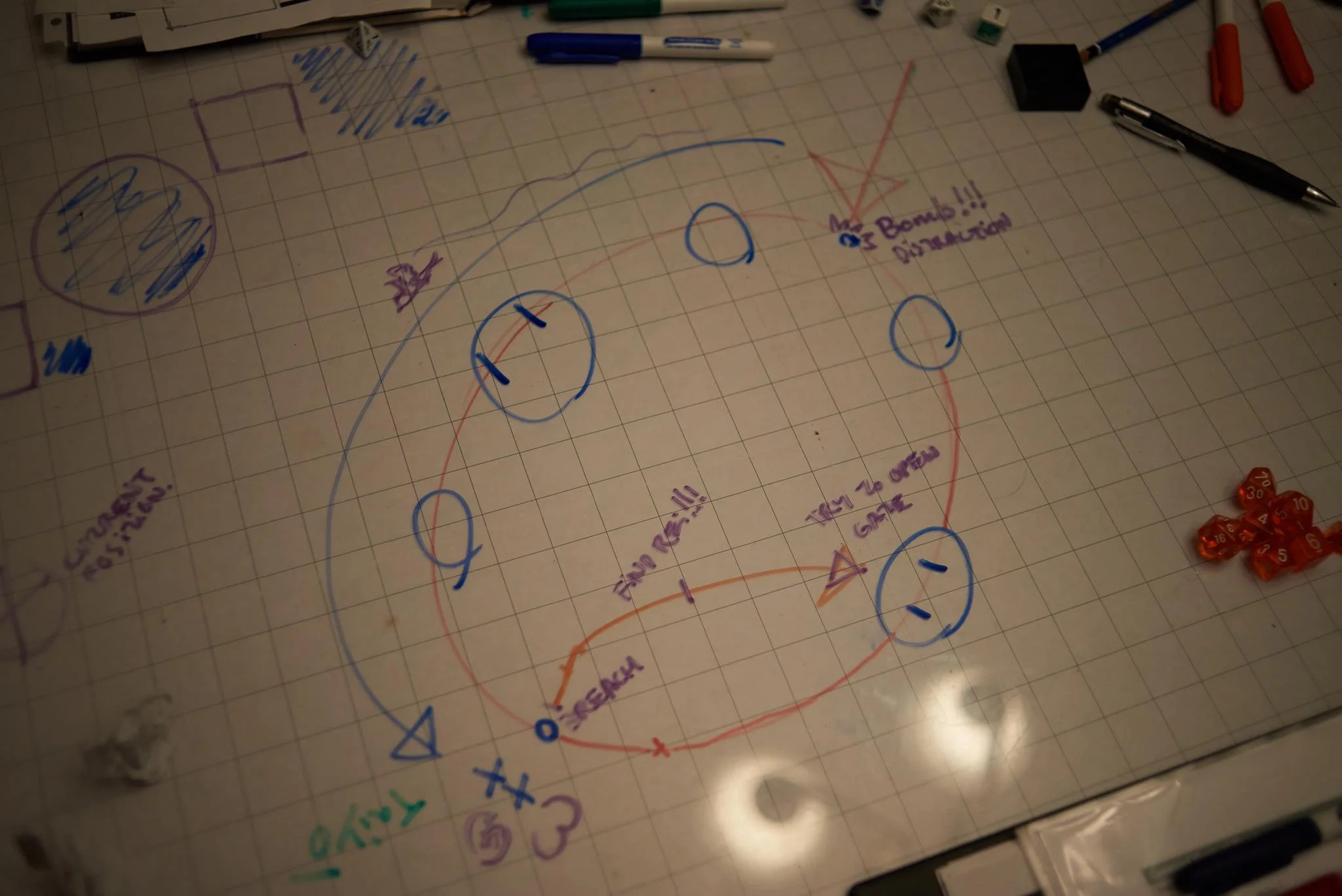 Game map: Graph paper under plexiglass drawn on with whiteboard markers. photo provided by kayetan fiett.