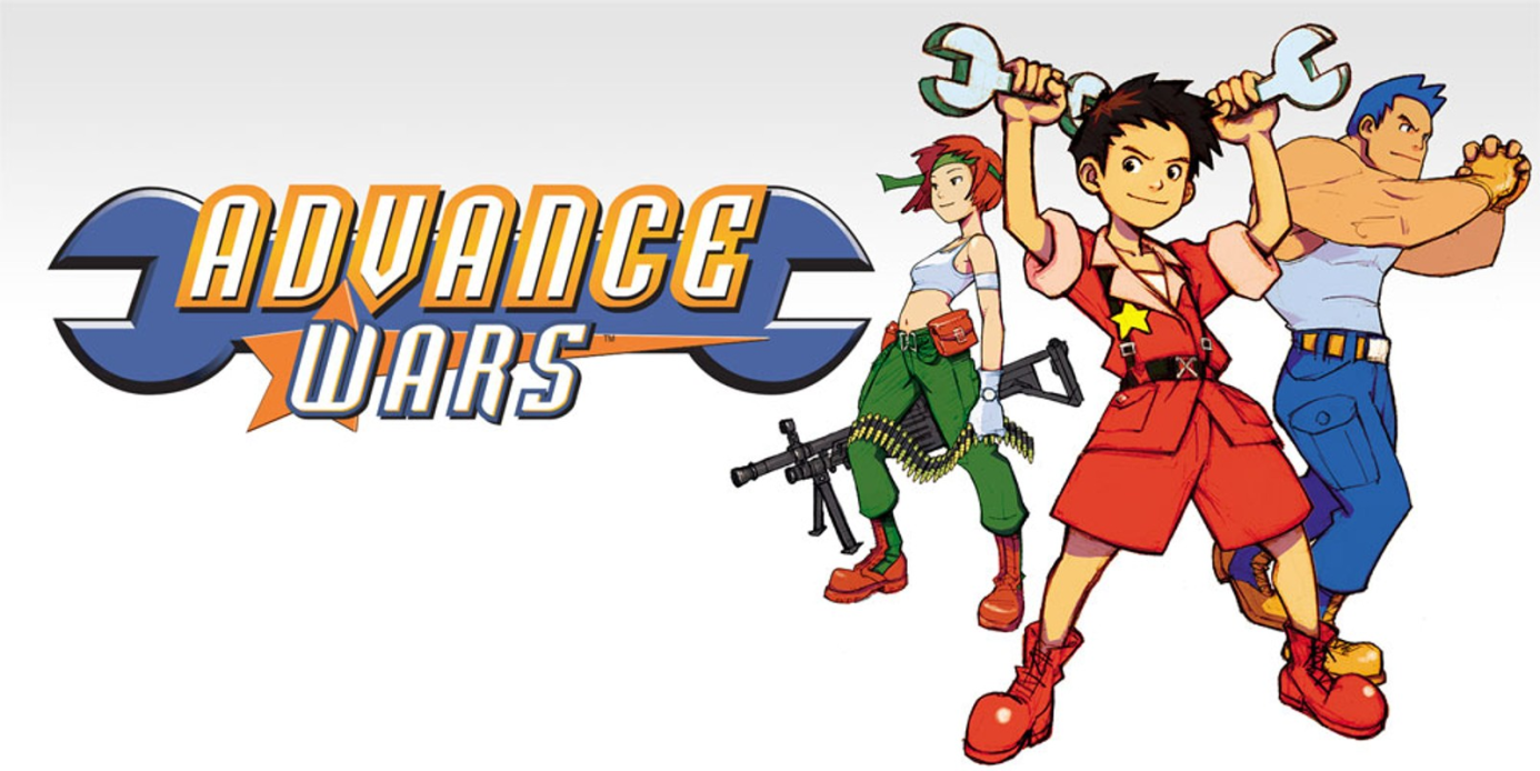 Promotional art featuring three characters and the Advance Wars logo.