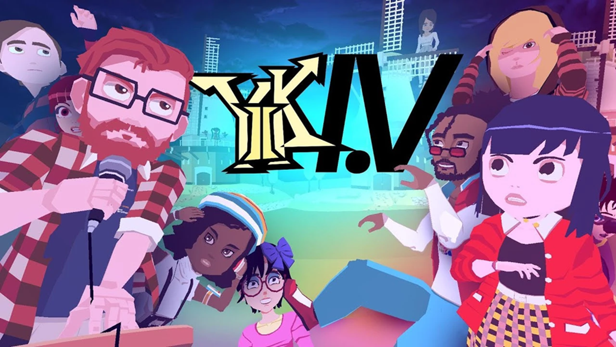 Promotional art depicting various characters around the YIIK I.V logo. In the background are windmills and four other characters.