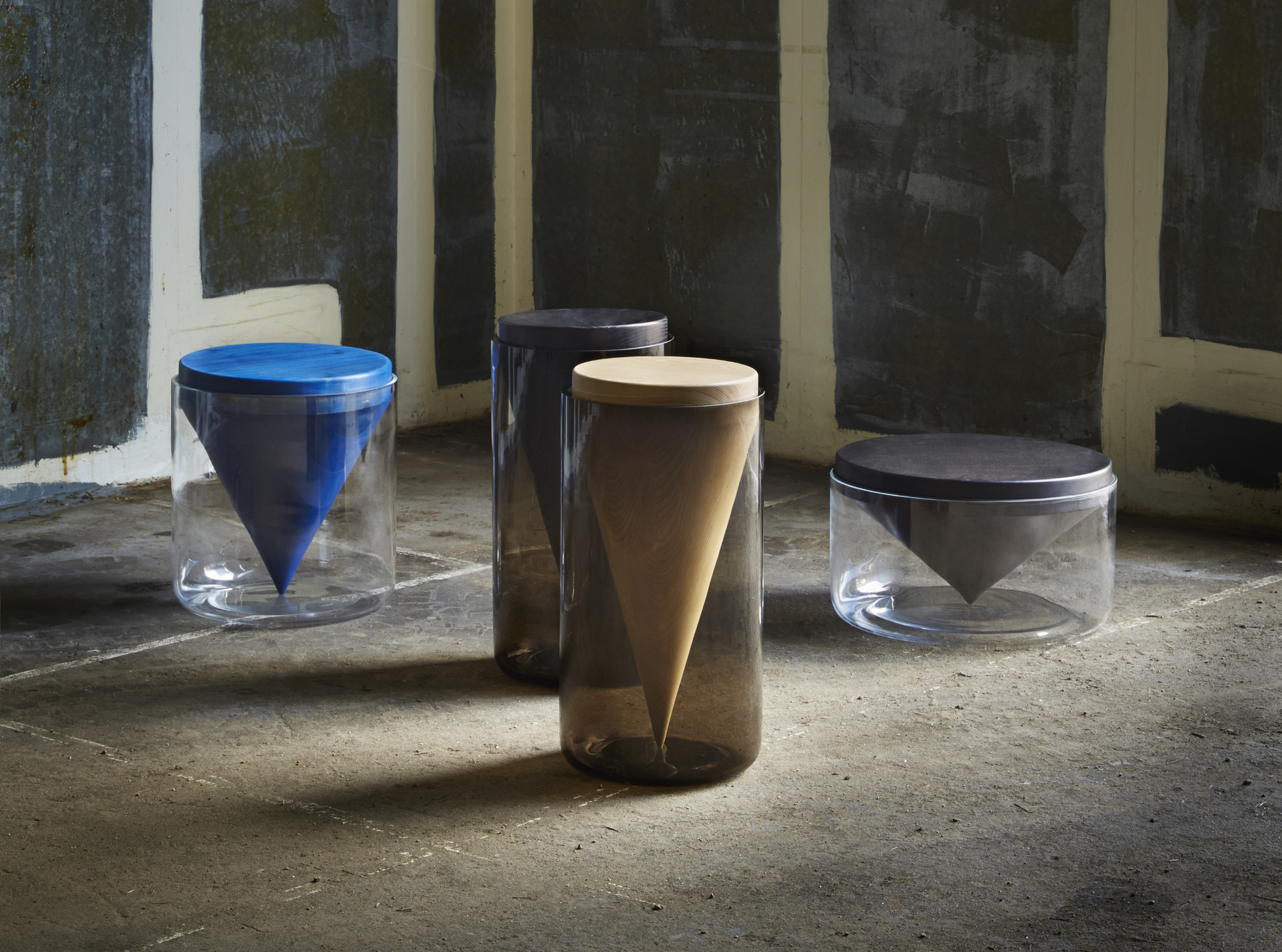 In a reverse from the norm, handblown glass vessels encase and support turned wooden cones in Hunting & Narud’s Apex Tables. With minimal contact between the two materials, the apex of the cone which is a small 5mm point, is the only part of the wood in direct contact with the glass creating a sharp visual contrast whilst encapsulating and highlighting the beauty of the wooden cones. (Photo: Petr Krecji )