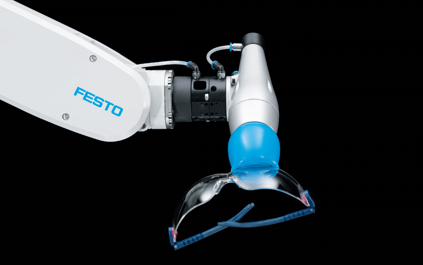 "The chameleon is able to catch a variety of different insects by putting its tongue over the respective prey and securely enclosing it. The FlexShapeGripper uses this principle to grip the widest range of objects in a form-fitting manner. Using its elastic silicone cap, it can even pick up several objects in a single gripping process and put them down together, without the need for a manual conversion." www.festo.com