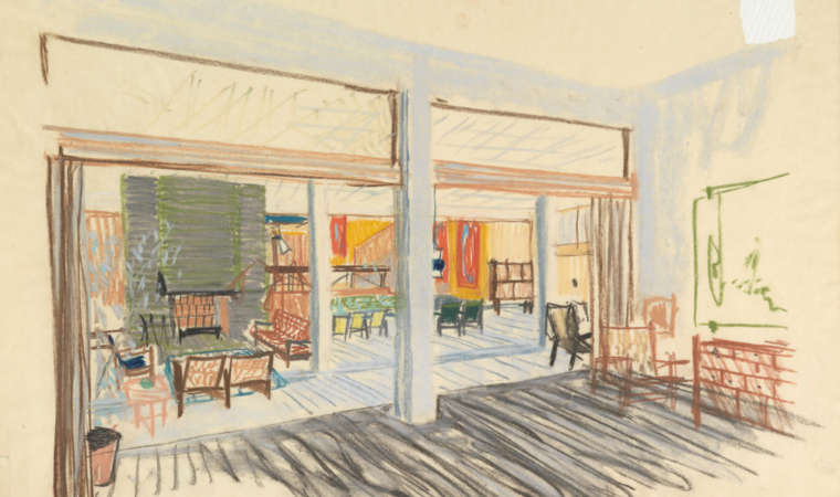 Knut Knutsen's sketch of the interior in the Royal Norwegian Embassy in Stockholm in 1950. Photo: Nasjonalmuseet / Dag Andre Ivarsøy.
