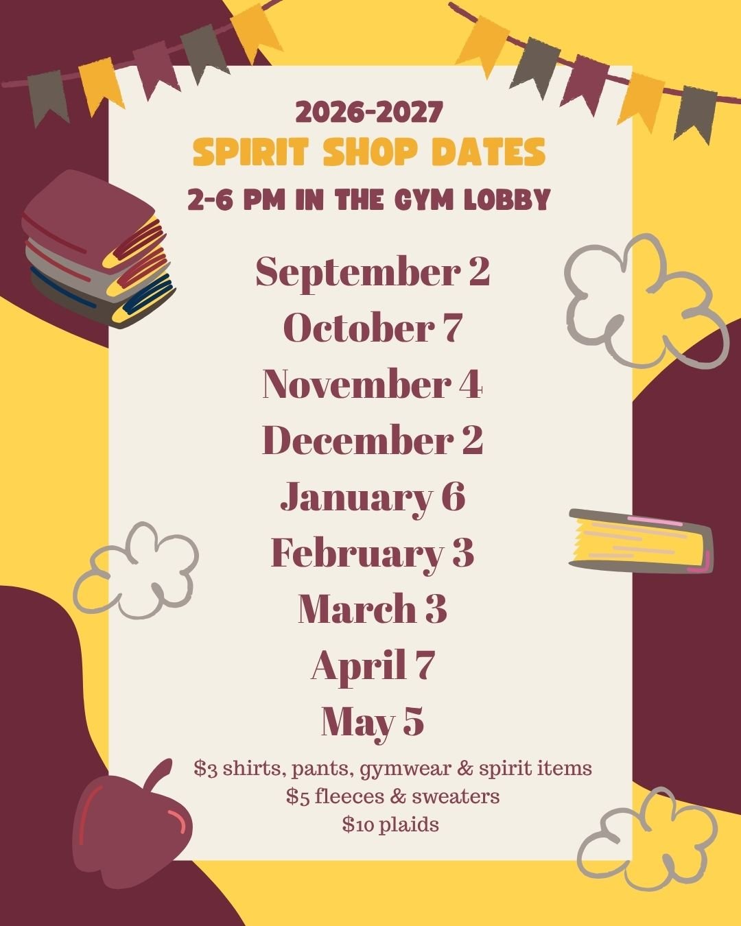 HSA Spirit Shop Monthly Dates for 2026-27 School Year 