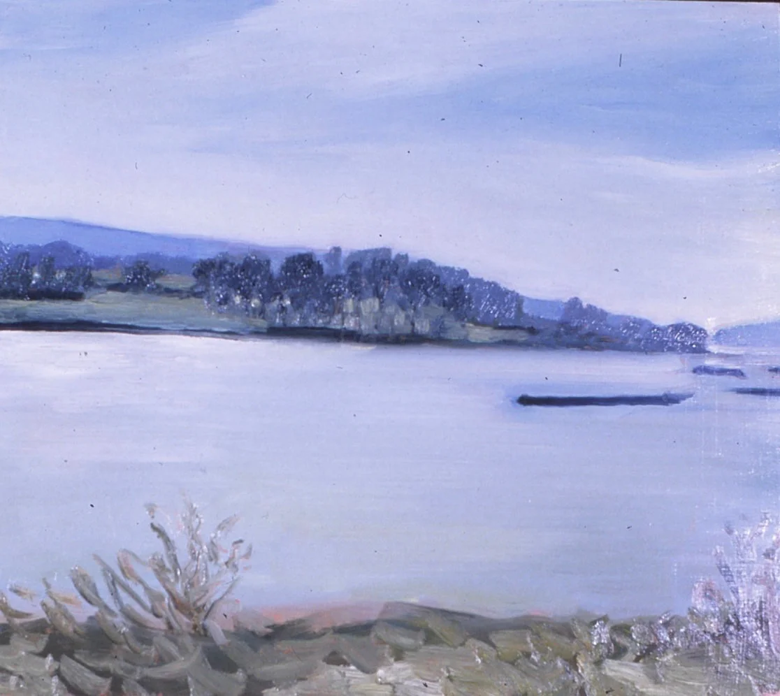 Mississippi River with What are Meant to be Barges <br/> Oil on board <br/> 14 x 16 inches <br/> (35.56 x 40.64 cm)