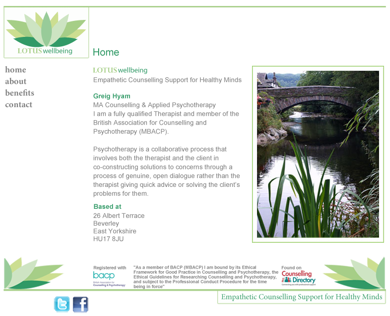 Website homepage for Lotus Wellbeing, an empathetic counseling service, with a logo featuring a lotus flower, navigation links, and a photo of a river with a stone bridge and lush greenery.