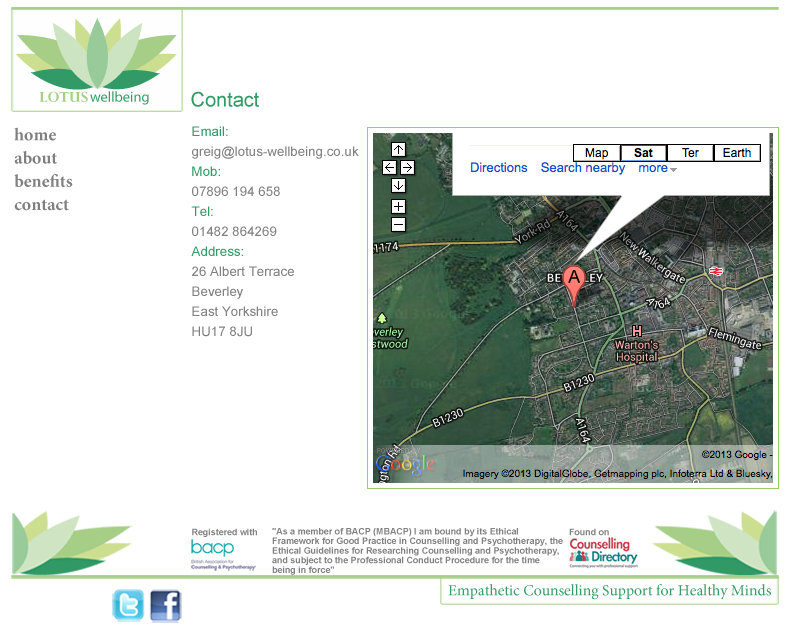 Contact information and a Google map with a location marker at Beverley, East Yorkshire, UK, on a webpage for Lotus Wellbeing, offering counselling and psychotherapy services.