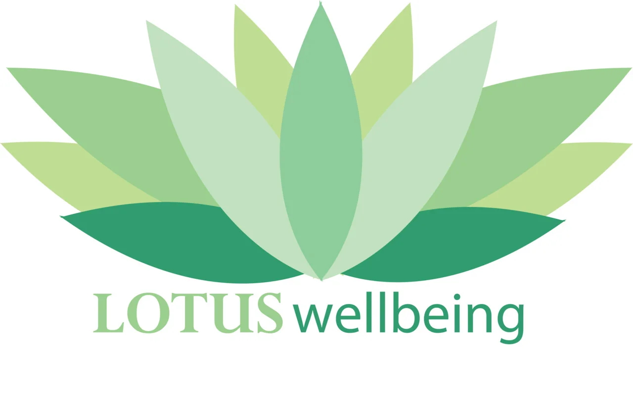 A stylized green lotus flower with the words 'LOTUS wellbeing' beneath it.