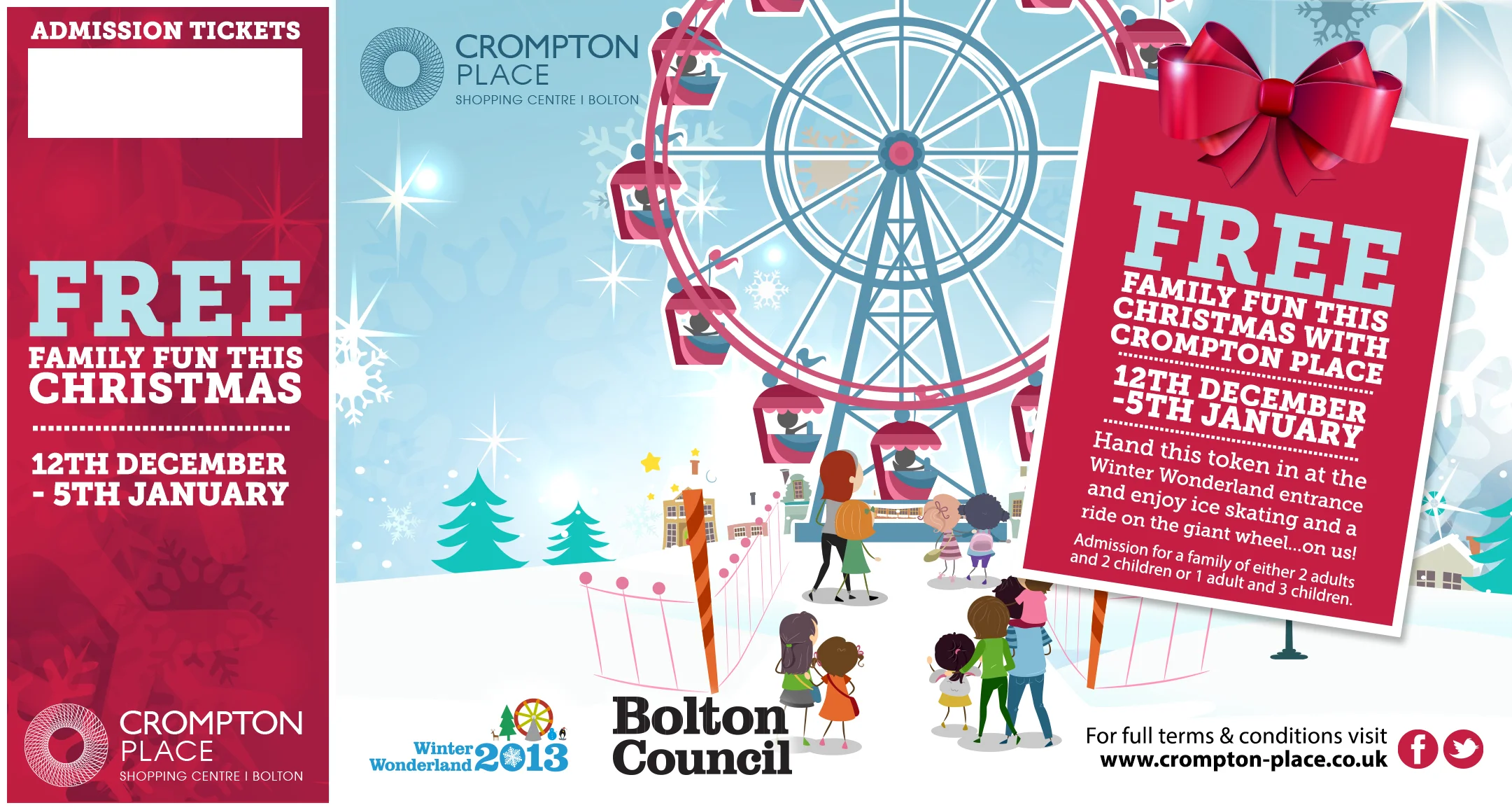 A promotional flyer for a free family Christmas event at Crompton Place shopping center with ice skating and a giant wheel, featuring a red ticket with event details and a festive background with children and adults enjoying the attractions.