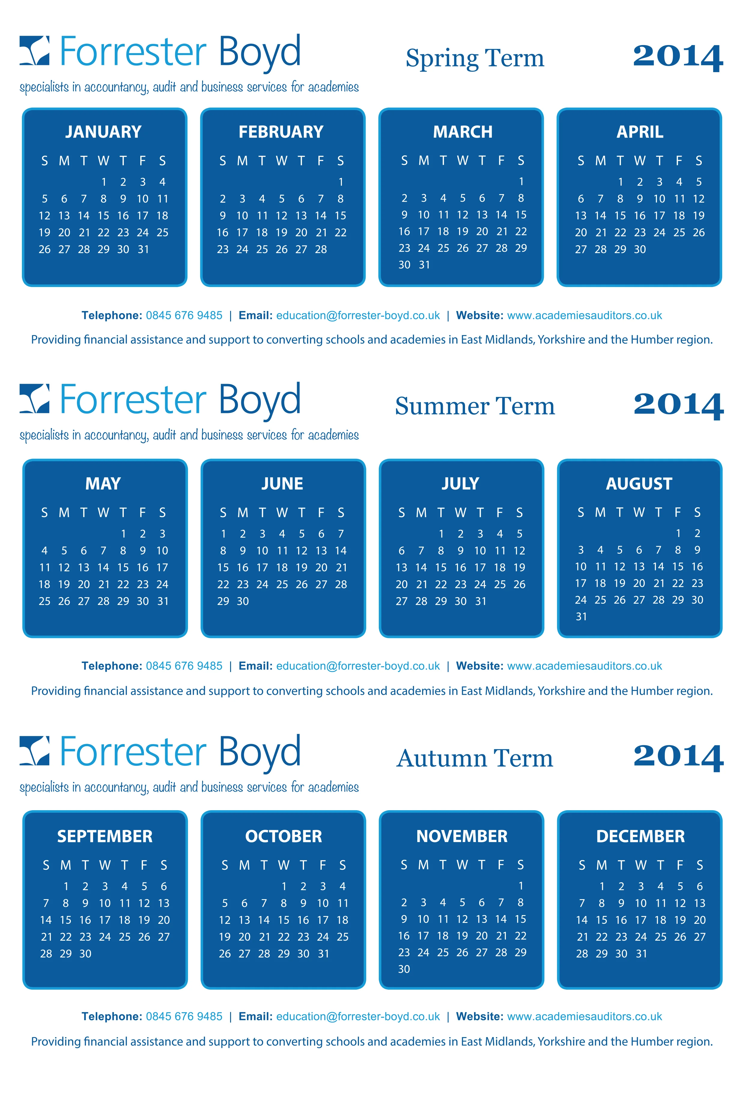 2014 academic calendar from Forrester Boyd showing spring, summer, and autumn terms with months and dates, contact information, and website links.