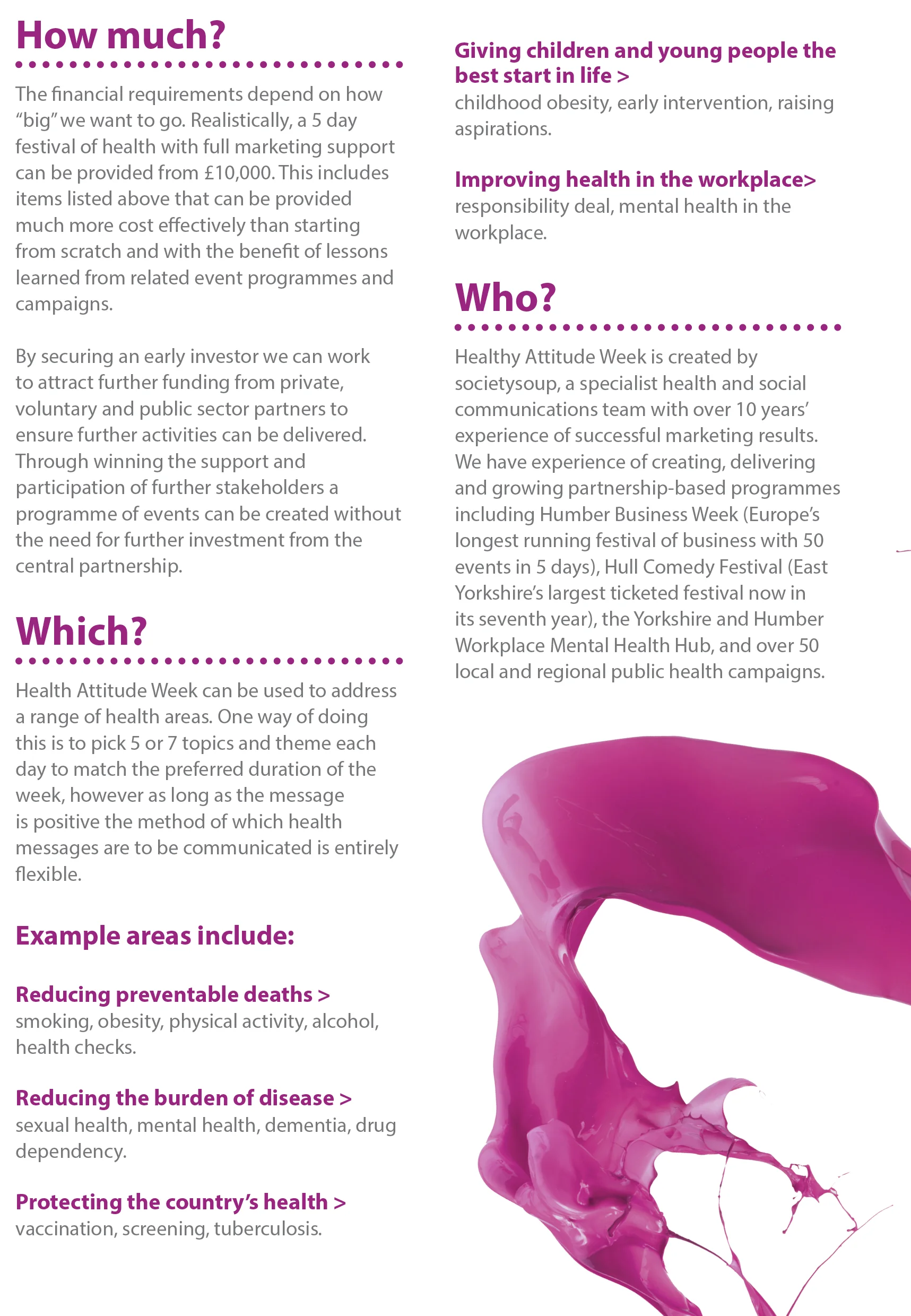 A pink splash of liquid next to textual information about health and wellness campaigns, including sections on how much funding is needed, who the campaigns target, which health areas are addressed, and example areas such as reducing preventable deat