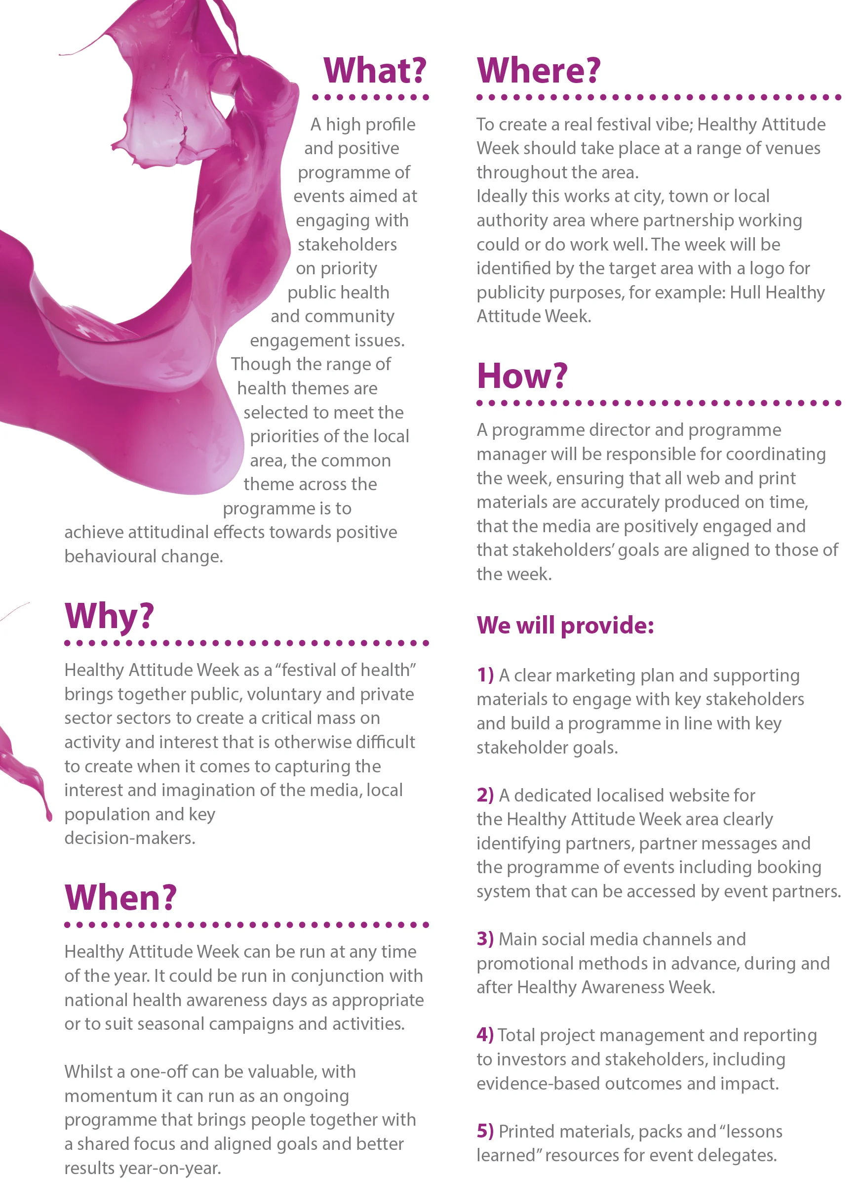 An informational poster about promoting a Healthy Attitude Week with sections titled What, Where, How, Why, When, and what the event will provide, written in purple and gray text on a white background.