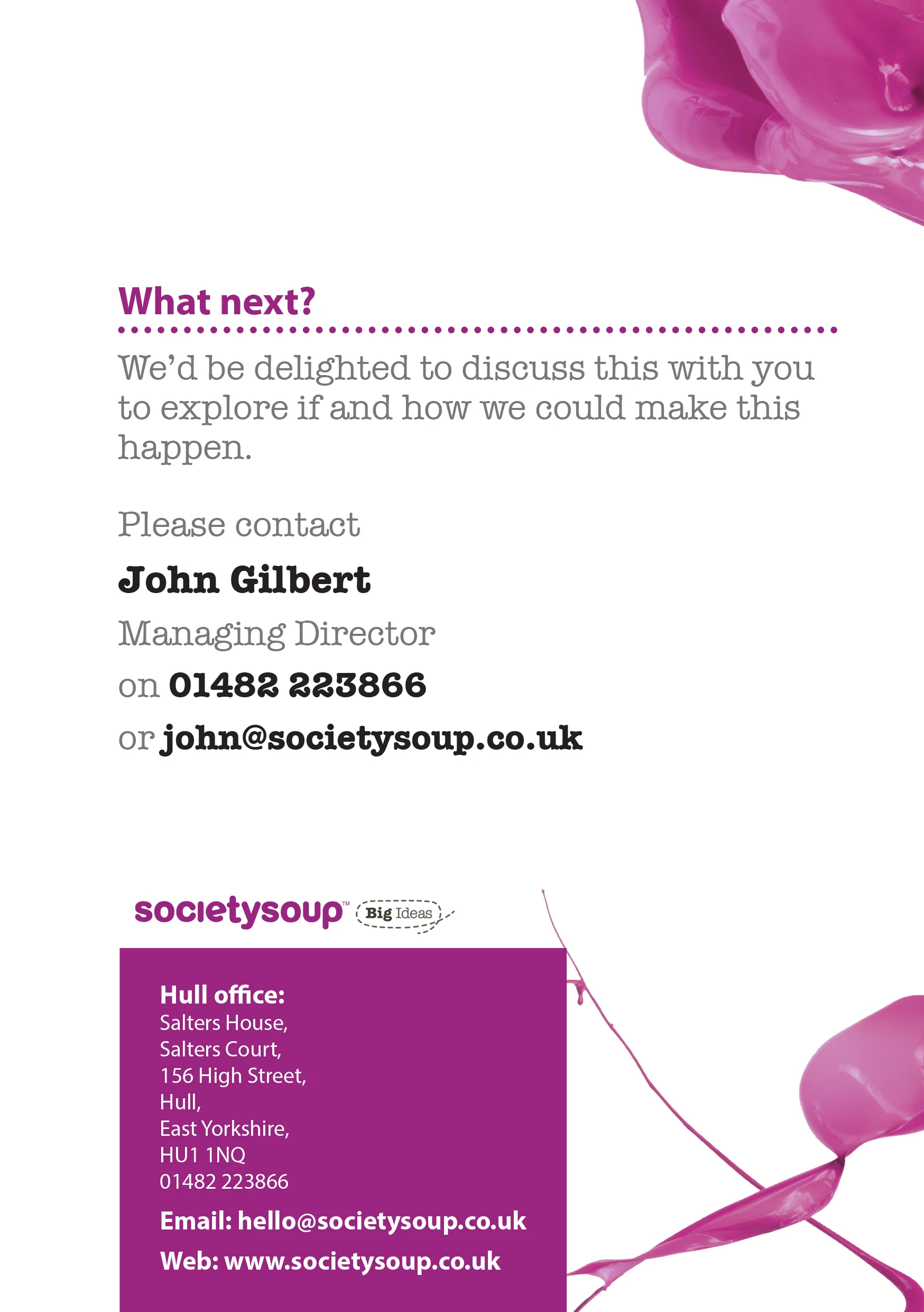 Contact information for Society Soup, including a purple section with address, phone number, email, and website, along with purple abstract shapes on a white background.