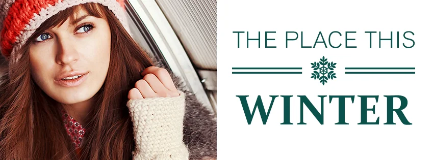 A young woman with long red hair wearing a pink knit hat and cream gloves, with a window behind her, and a graphic with the text 'The Place This Winter' accompanied by a snowflake symbol.