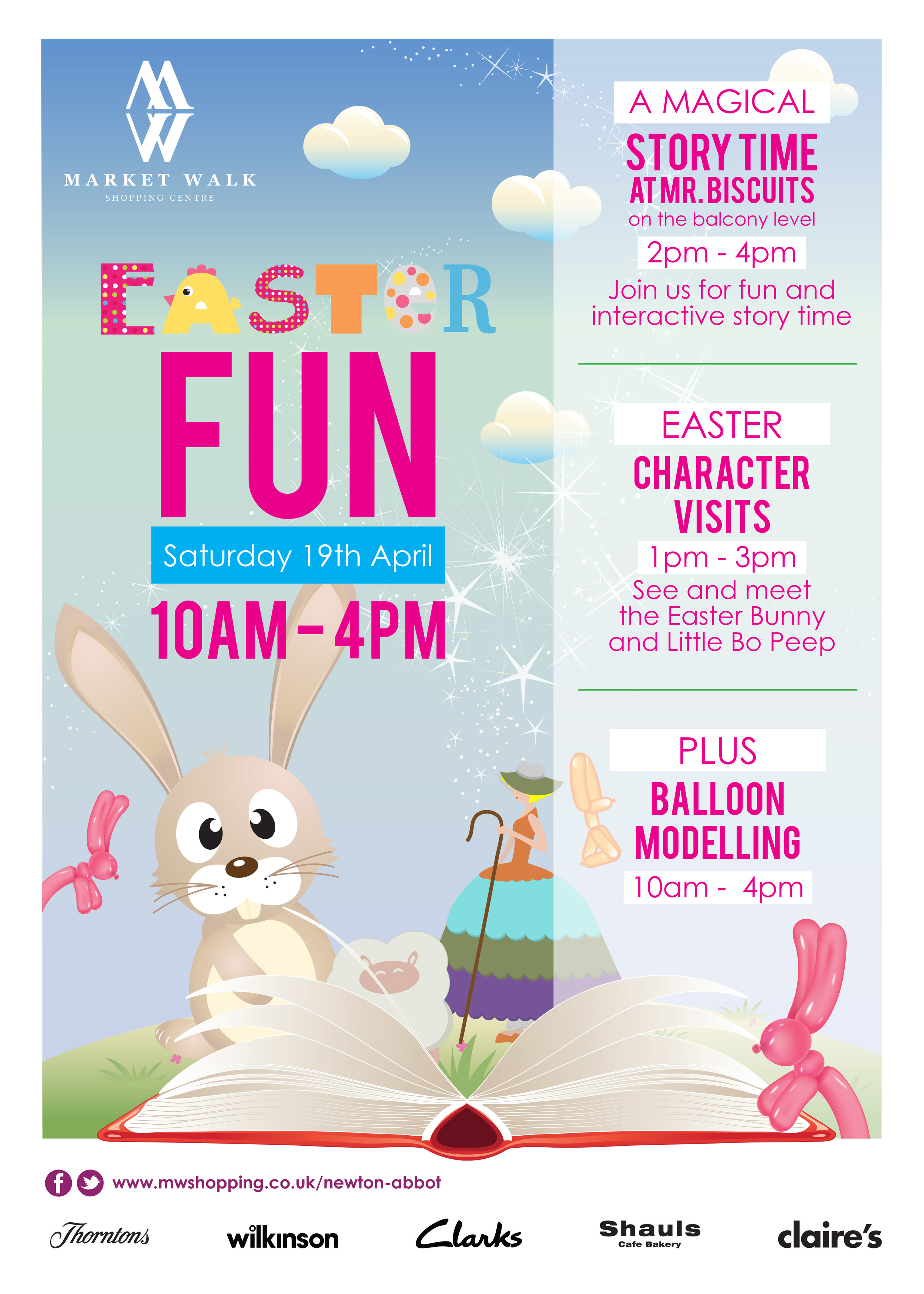 Easter-themed event poster featuring a cartoon bunny, Easter Bunny and Little Bo Peeep characters, and balloons. Text details for a storytime and Easter character visits at Market Walk shopping center on Saturday, April 19th, from 10am to 4pm, with b