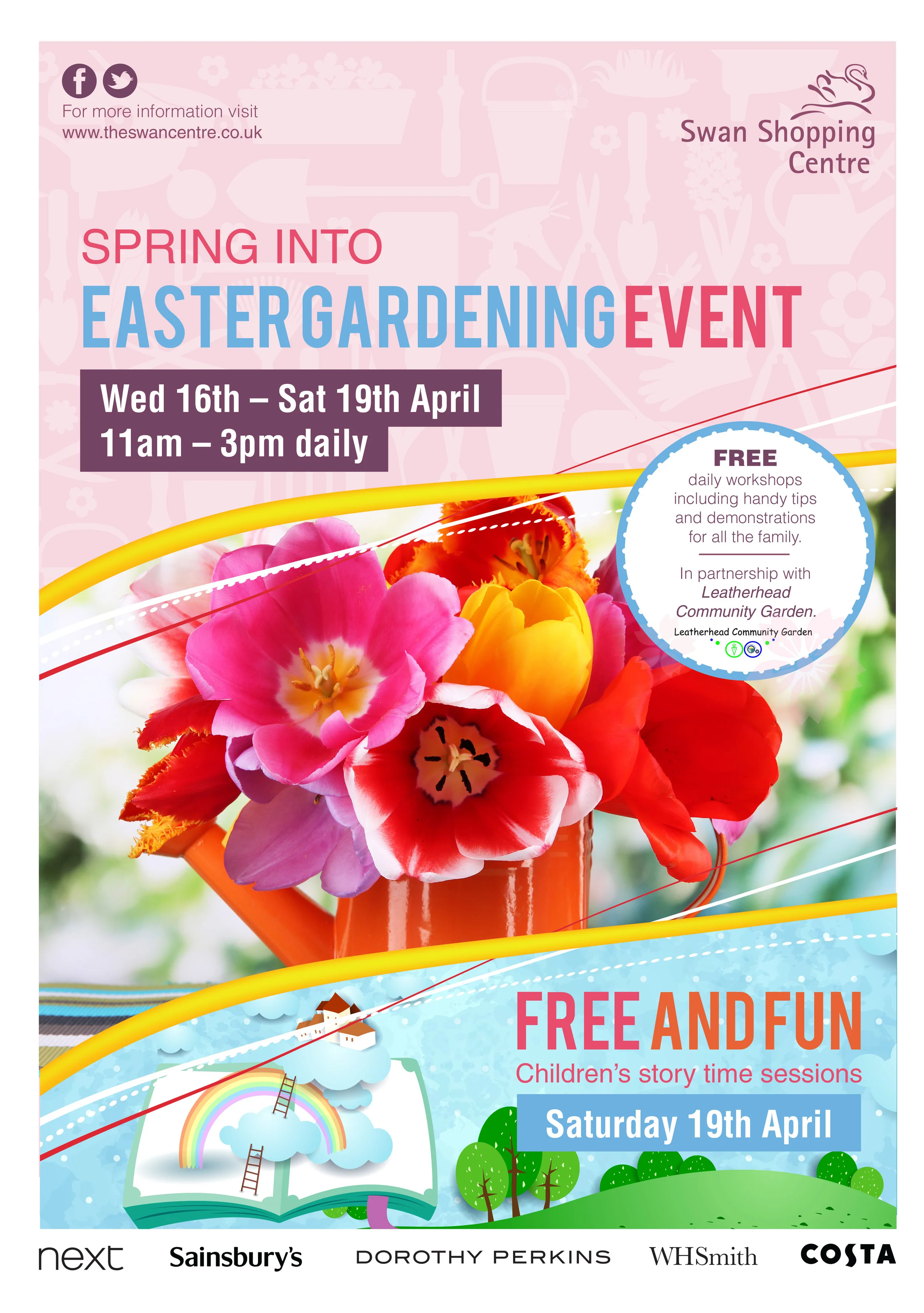 Poster advertising an Easter gardening event at Swan Shopping Centre, running from April 16 to April 19, 11 a.m. to 3 p.m. daily, featuring free workshops and kids' story sessions on April 19.