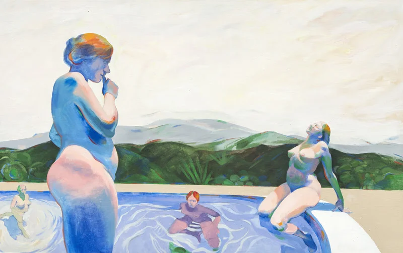 Priscilla Bender-Shore, Women in Pool, 1985-86, acrylic on canvas, 30x48 in.