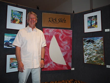 SCAPE's juror for the annual show to benefit the Gaviota Coast Conservancy/Naples Coalition was the accomplished and well-known artist and art teacher, Rick Stich. It was the first year that SCAPE encouraged abstract contributions to the show. Rick teaches and creates both abstract and figurative art, and is known for his work depicting water in both forms. He's recently taken to bright, totally non-objective experimental work.