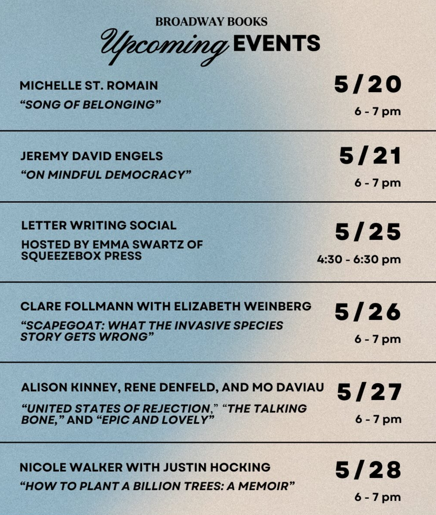 a list of upcoming events at broadway books, including the event described at right