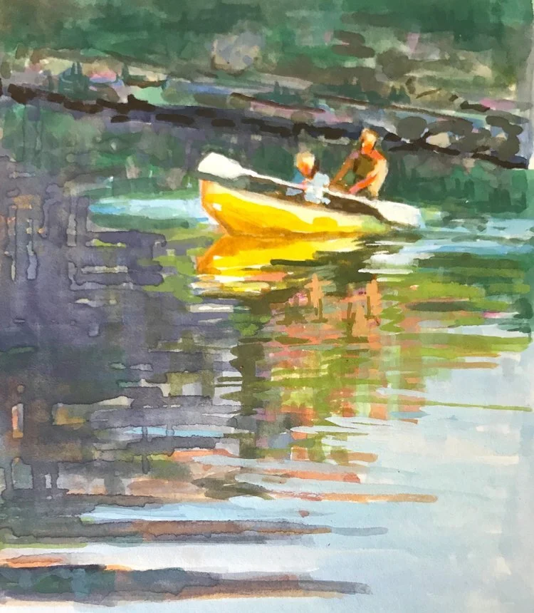 Yellow Kayak, Gouache 3x5”