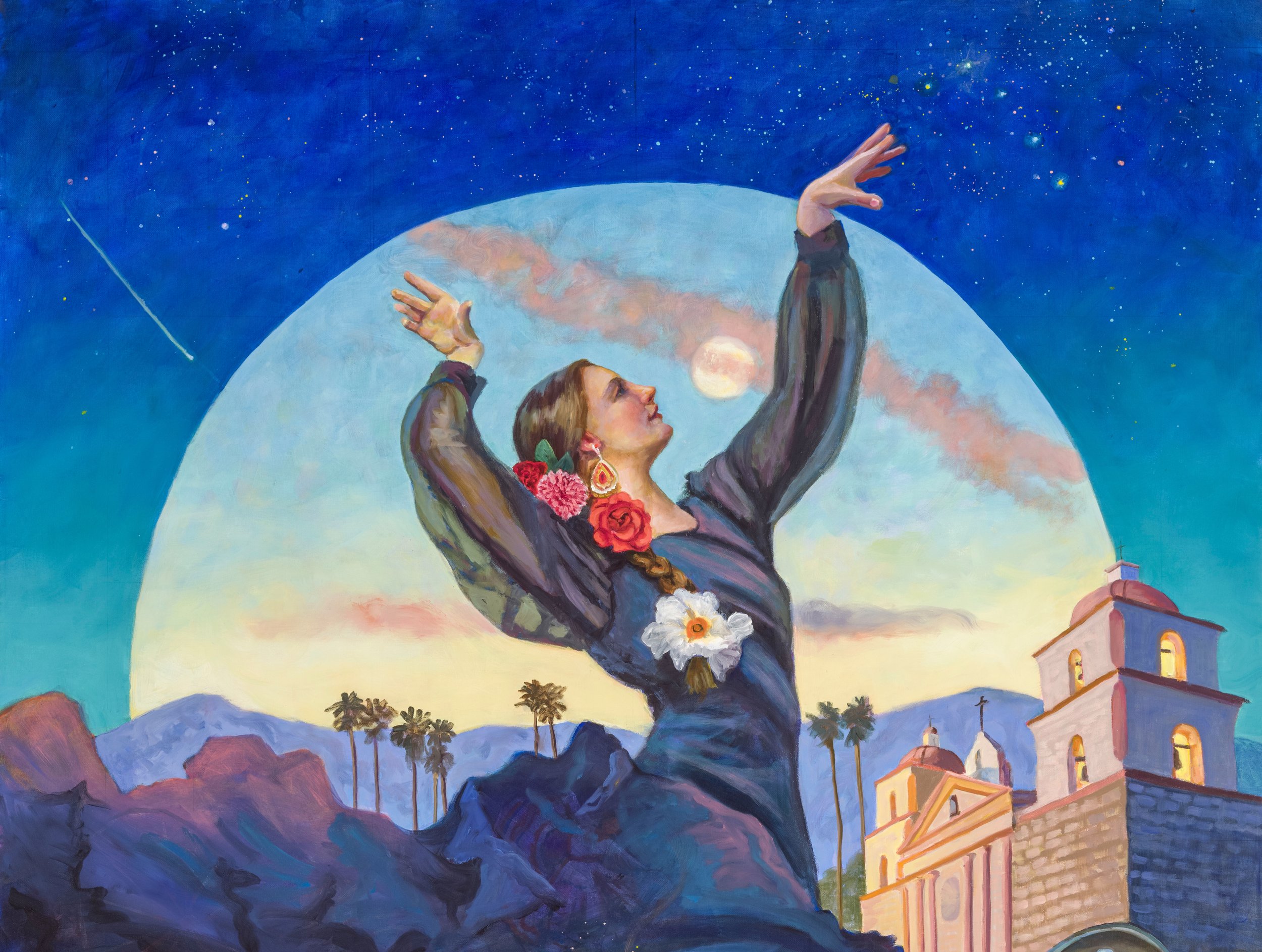 In the Background The lighting is intentionally liminal as Fiesta is a celebration that carries throughout the day and into the night. The Santa Ynez Mountain range anchors the background with a full moon rising. This lunar element is a reminder