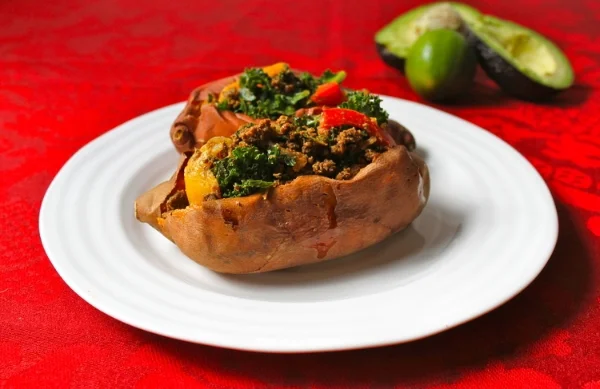 California Sweetpotatoes Stuffed with Ground Beef and Kale