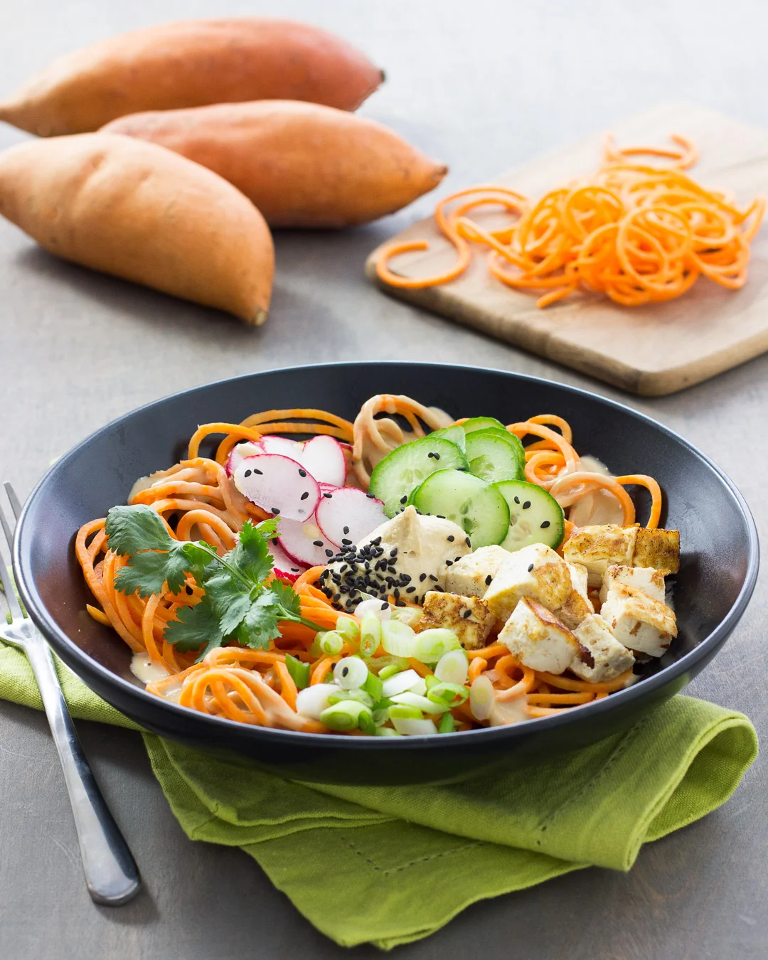 Sweetpotato and Spicy Hummus Noodle Bowl made with California Sweetpotatoes
