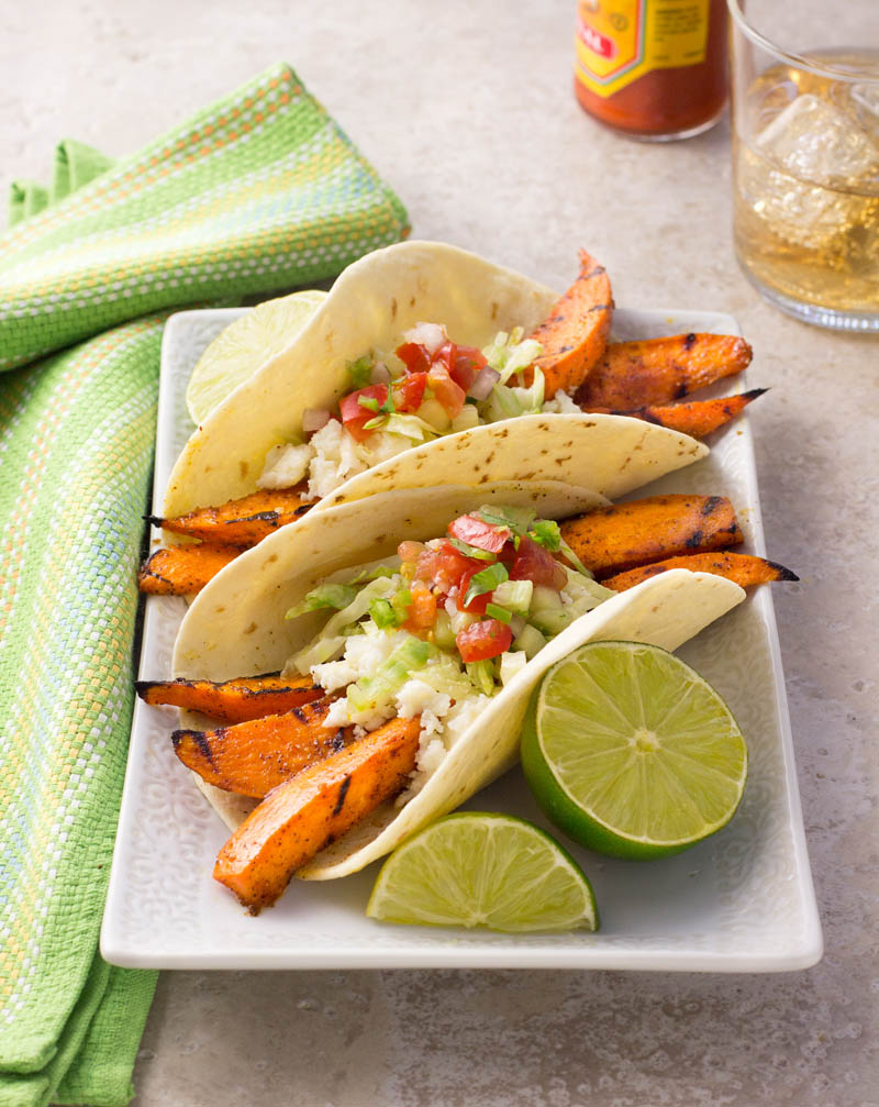 Grilled Sweetpotato Tacos with Queso Fresco and Cucumber-Tomato Salsa #tacos #sweetpotatoes #tomato #cucumber #salsa