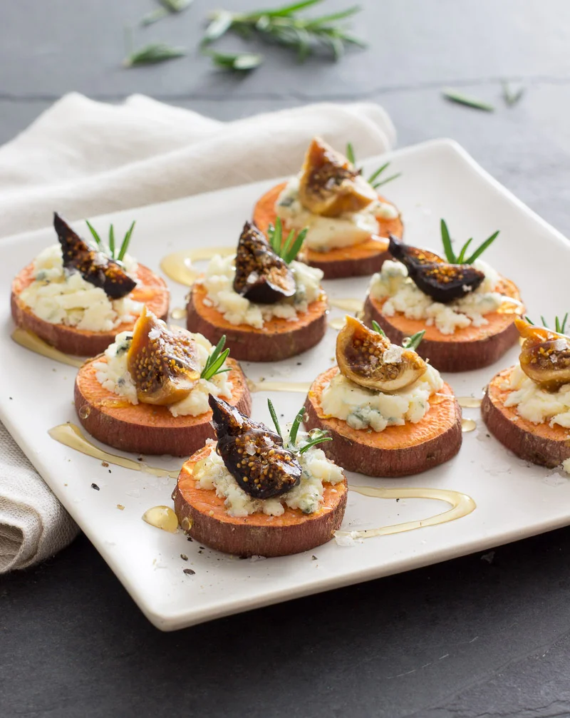 Sweetpotato Toast Bites with Figs, Blue Cheese, Flaked Salt, and Honey