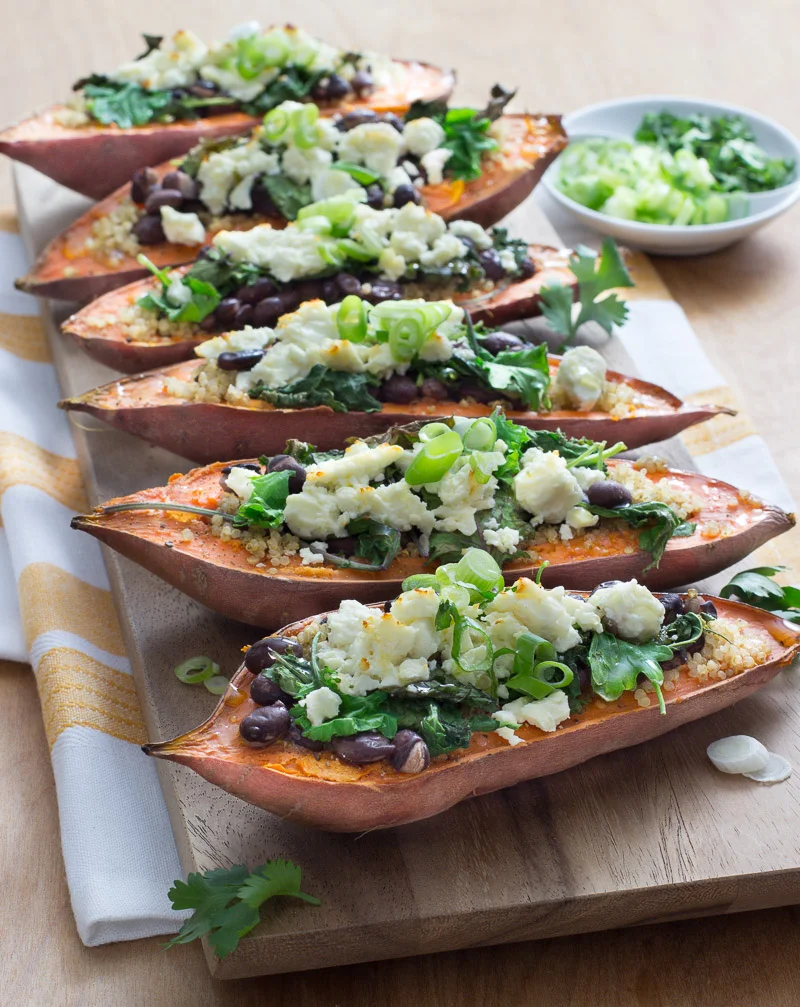 Stuffed Sweetpotato Skins with Quinoa, Black Beans, and Feta