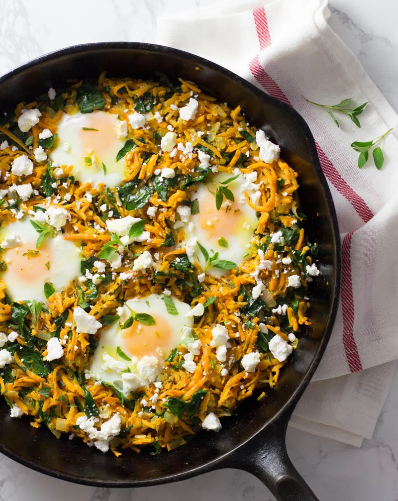 California Sweetpotato Hash {Greek Style} with Feta and Eggs