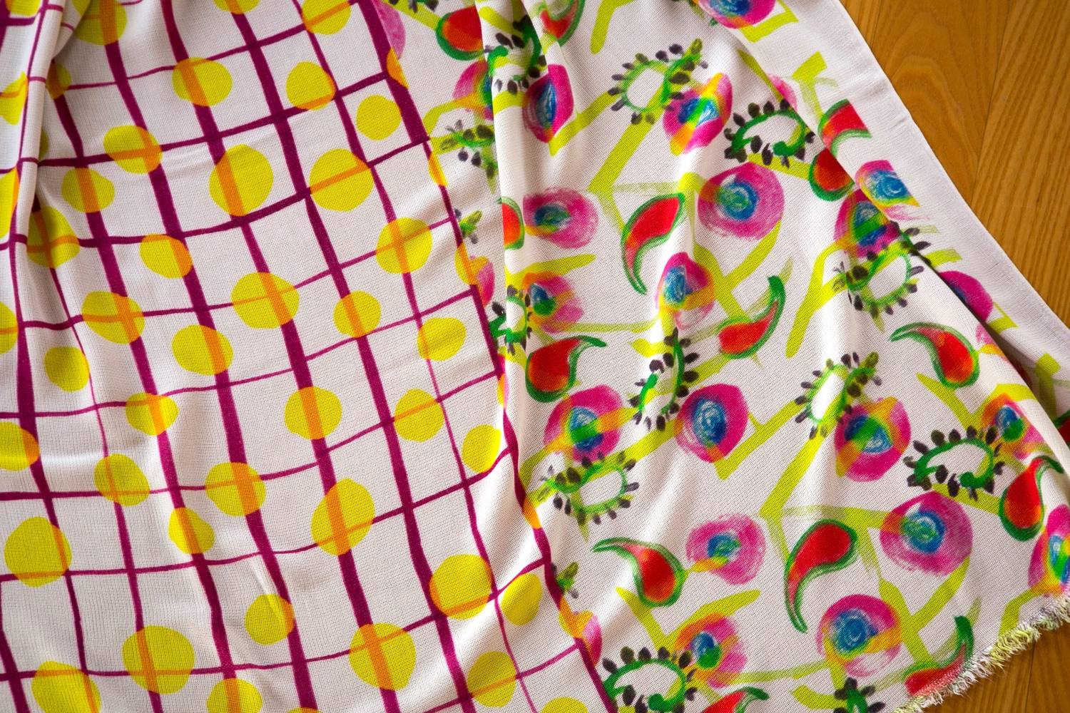YELLOW DOTS ON PINK PLAID AND PINK-GREEN PAISLEY