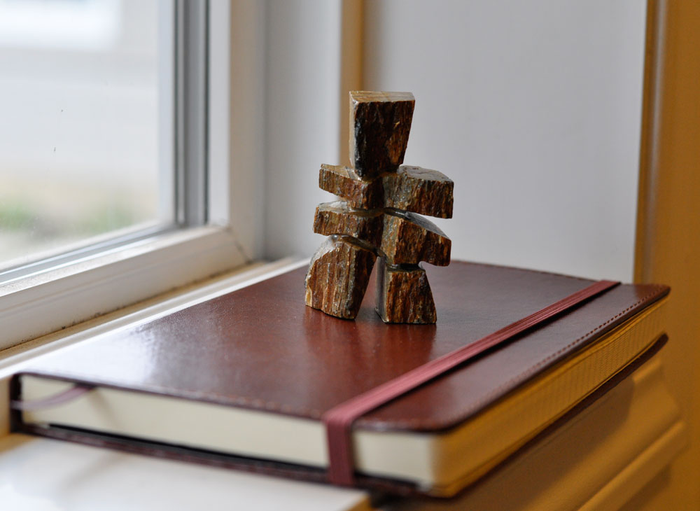 This is my 'trust journal' and a little stone inukshuk I found at a second-hand shop. I liked this definition: "Inukshuk . . . .means "in the likeness of a human" in the Inuit language. They are monuments made of unworked stones that are used by the Inuit for communication and survival. The traditional meaning of the inukshuk is "Someone was here" or "You are on the right path."