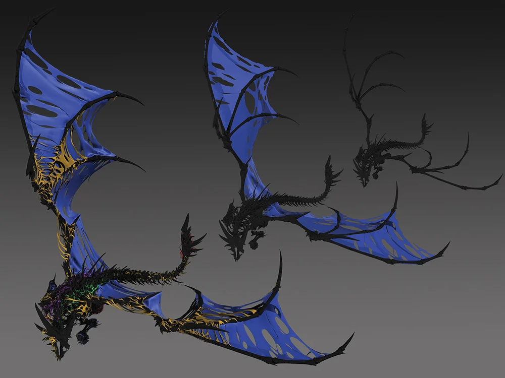 A layered skin solution in nCloth, simulating flesh on an undead dragon. Property of Blizzard Entertainment.