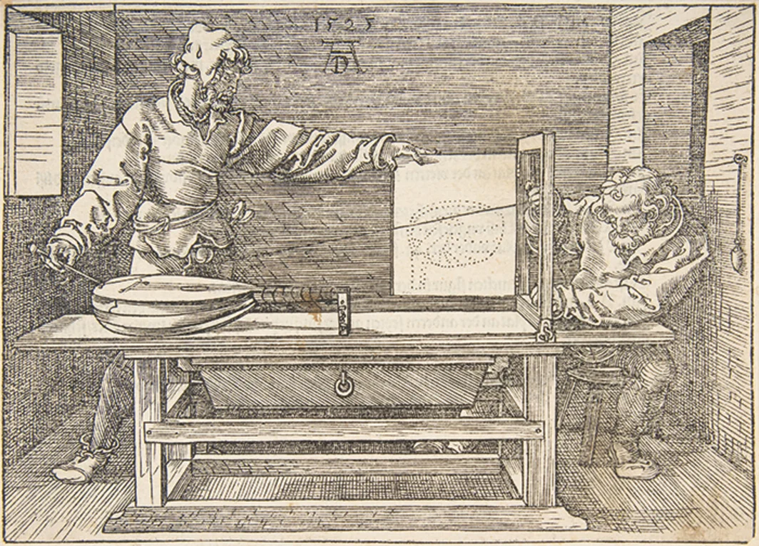 Albrecht Dürer, The Draughtsman of the Lute , n.d. , woodcut on paper, sheet size 5 1/8 × 7 1/4". London-based architectural historian and critic Mario Carpo discusses how 3-D printing is transforming the world in terms of its cultural, manufactural, design and engineering applications, and traces this paradigm shift in digital technology back to the development of technologies of reproduction and representation since the Renaissance.